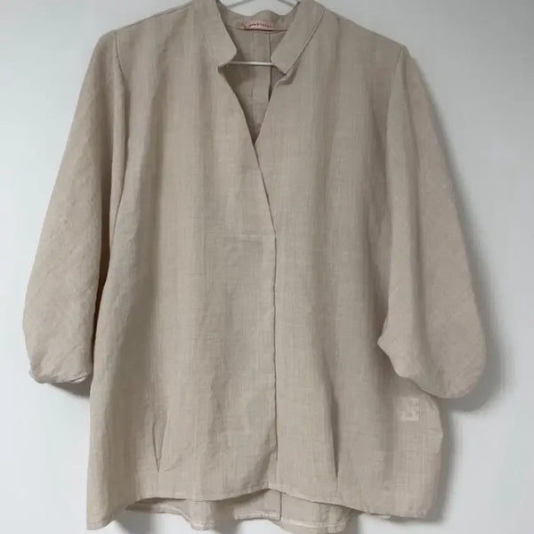 [BUNJANG] Beige Balloon Sleeve Blouse - Loose Fit Shirt / 반팔 블라우스 벌룬 베이지 모리걸 아메카지 루즈핏 셔츠 반팔티 베이지
