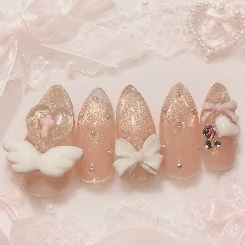 [BUNJANG] Peach Ice Handmade Nail Tips with Ribbon, Pearl, and Magnetic Accents / 할인중 피치아이스 수제네일팁/리본/진주/자석 네일