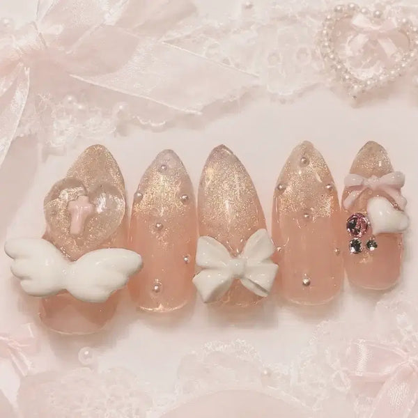 [BUNJANG] Peach Ice Handmade Nail Tips with Ribbon, Pearl, and Magnetic Accents / 할인중 피치아이스 수제네일팁/리본/진주/자석 네일