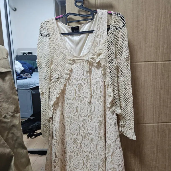[BUNJANG] Sun Garden Party Vintage Set Layered Slip Dress with Mesh Cardigan and Wide-Leg Pants / 선가든파티 빈티지세트 레이어드 슬립 미코하우스빈브로 코코모리 모리노가토