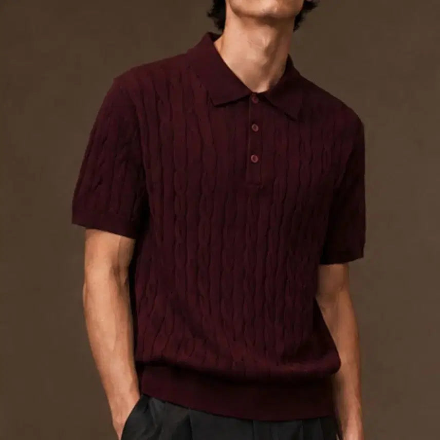 [BUNJANG] Dinard Cable Button Collar Short Sleeve Knit Burgundy / [S]디나드 케이블 버튼 카라 반팔 니트 버건디