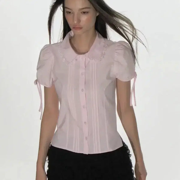 [BUNJANG] CRNK Pin Tucked Lace Collar Blouse - Pink / 크랭크 핀턱 레이스 카라 블라우스_핑크