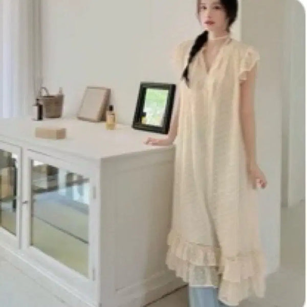 [BUNJANG] Milkcocoa Chiffon Frill Babydoll Long Dress with Lace and Ribbon / 쉬폰 프릴 원피스 밀크코코아 베이비돌 롱 레이스 리본 원피스