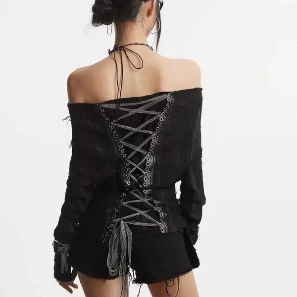 [BUNJANG] Off-Shoulder Lace-Up Corset T-Shirt / 오프숄더 레이스업 코르셋 티셔츠 타오바오