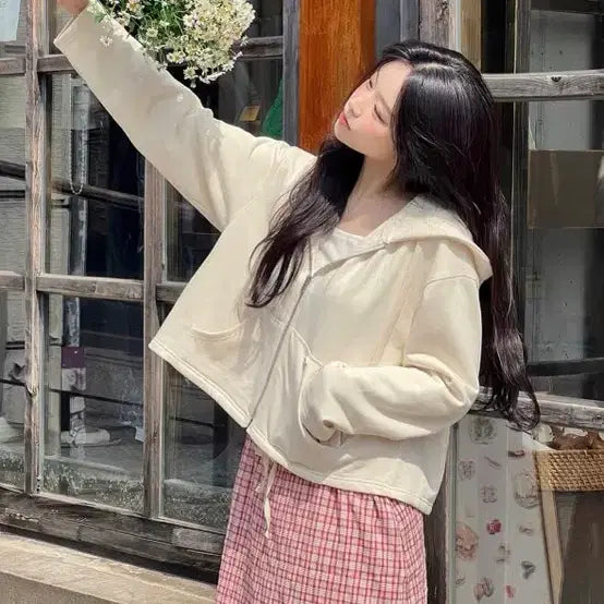 [BUNJANG] MilkCocoa Ivory Check Pleated Skirt Set Hoodie Zip-up / 밀크코코아 후드 집업 아이보리 체크 플리츠 스커트 세트