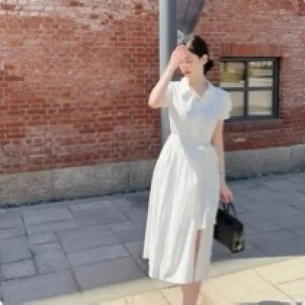 [BUNJANG] Milkcocoa Chiffon Shirt Long Midi Wrap Collar Dress Puff Sleeves / 밀크코코아 쉬폰 셔츠 롱 미디 랩 카라 원피스 퍼프