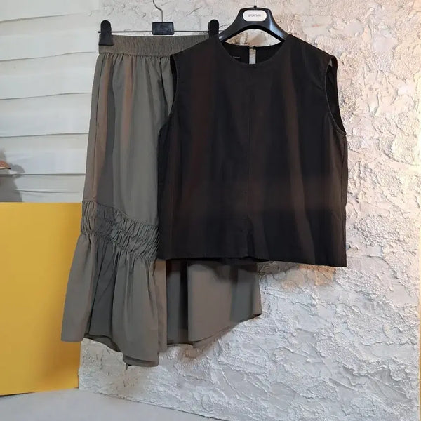 [BUNJANG] Cotton Shirring Blouse + Nylon Frill Shirring Skirt Set / (3종일괄)면 셔링블라우스+ 나일론 프릴셔링스커트