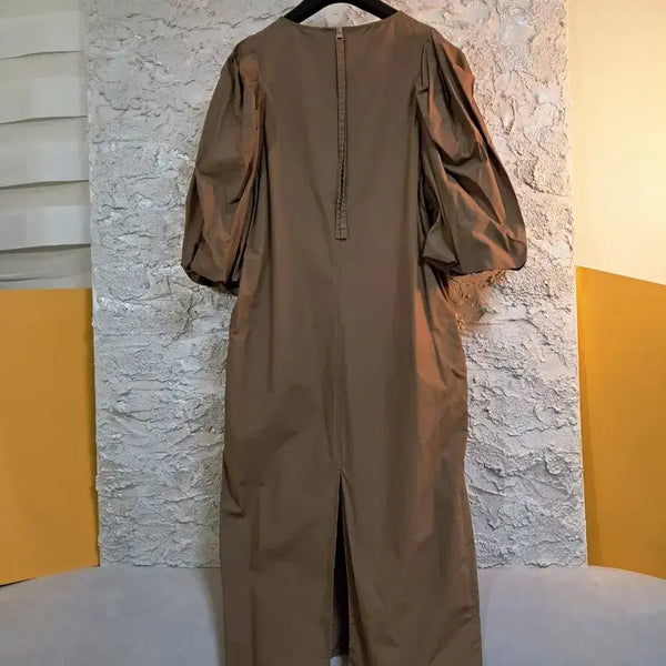 [BUNJANG] H&M Balloon Sleeve Cotton Midi Dress Camel / (미디움)에이치엔엠 벌룬소매  면카멜원피스
