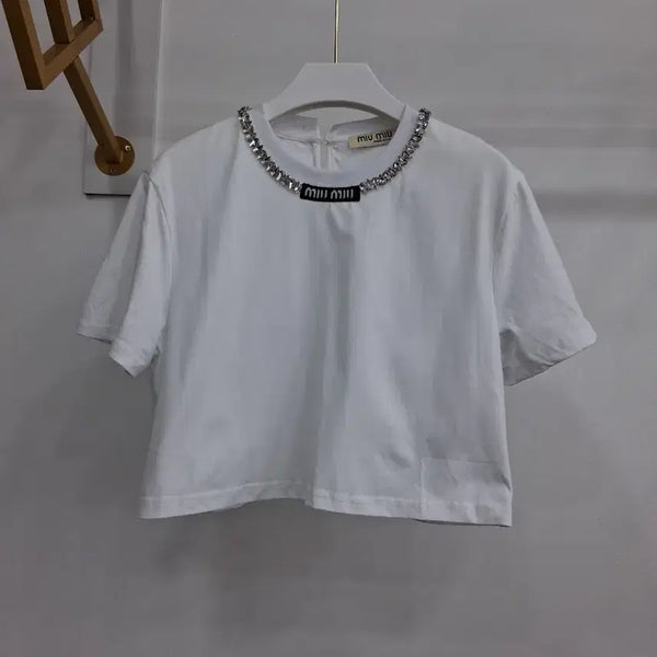 [BUNJANG] Jeweled Neckline Cropped T-Shirt / 화이트 크롭 반팔티