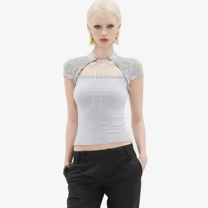 [BUNJANG] Hilda Tie-Neck Lace Slim T-Shirt Gray / [새상품] 힐다 타이넥 레이스 슬림 티 그레이