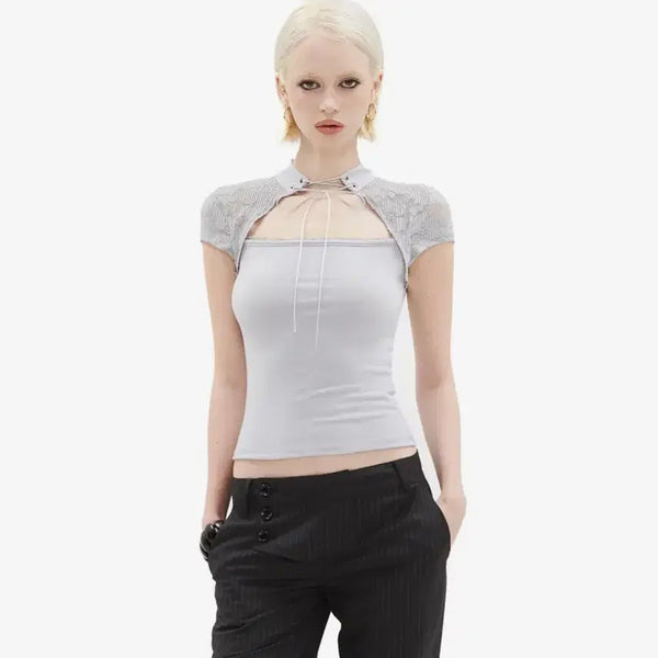 [BUNJANG] Hilda Tie-Neck Lace Slim T-Shirt Gray / [새상품] 힐다 타이넥 레이스 슬림 티 그레이