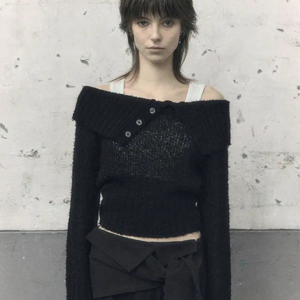 [BUNJANG] Bohemian Seoul Ribbed Button Off Shoulder Top - Black / 보헤미안서울 RIBBED BUTTON OFF SHOULDER, BLACK