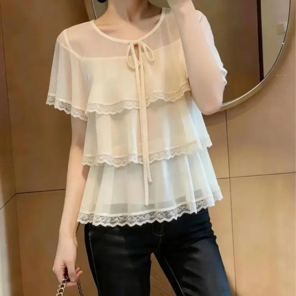 [BUNJANG] Frill Ruffle Chiffon Blouse (L) + Frill Sparkle T-Shirt (M) + Coolia Pleated Pants Set / 프릴캉캉쉬폰블라우스(L)+프릴빤짝이티셔츠(M)+쿨리아플리츠팬츠 SET