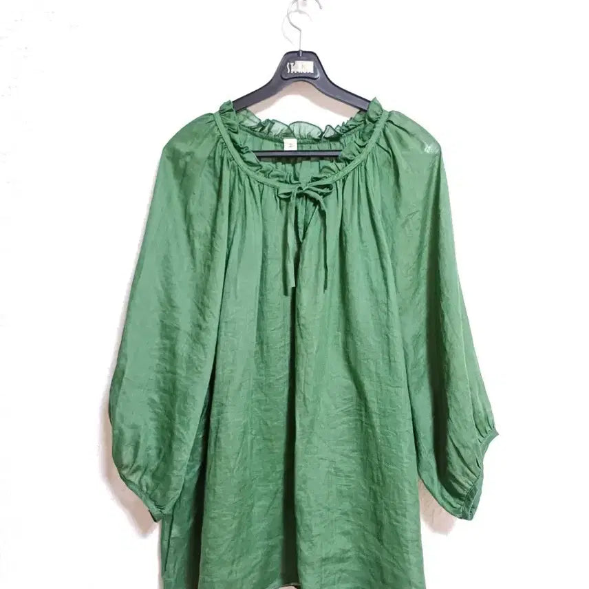 [BUNJANG] Frill Ribbon Neck Puff Sleeve Women's Suit Set / 그린 세트