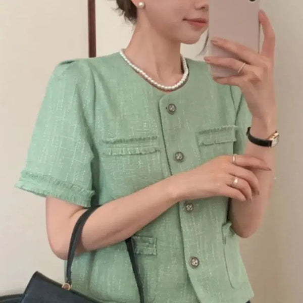 [BUNJANG] TheOpen Product Tweed Short Sleeve Jacket / 새거급) 더오픈프로덕트 트위드 반팔자켓