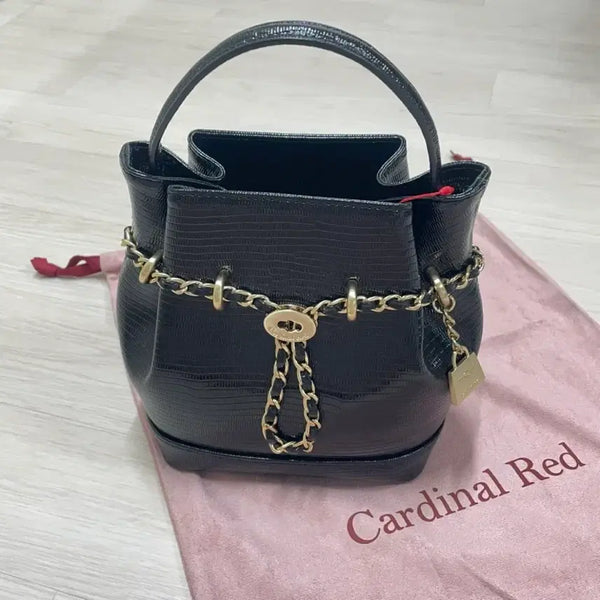 [BUNJANG] Cardinal Red Lizard Pattern Belt Bag with Gold Chain / Cardinal Red 카디널레드 벨백 리자드블랙 금장
