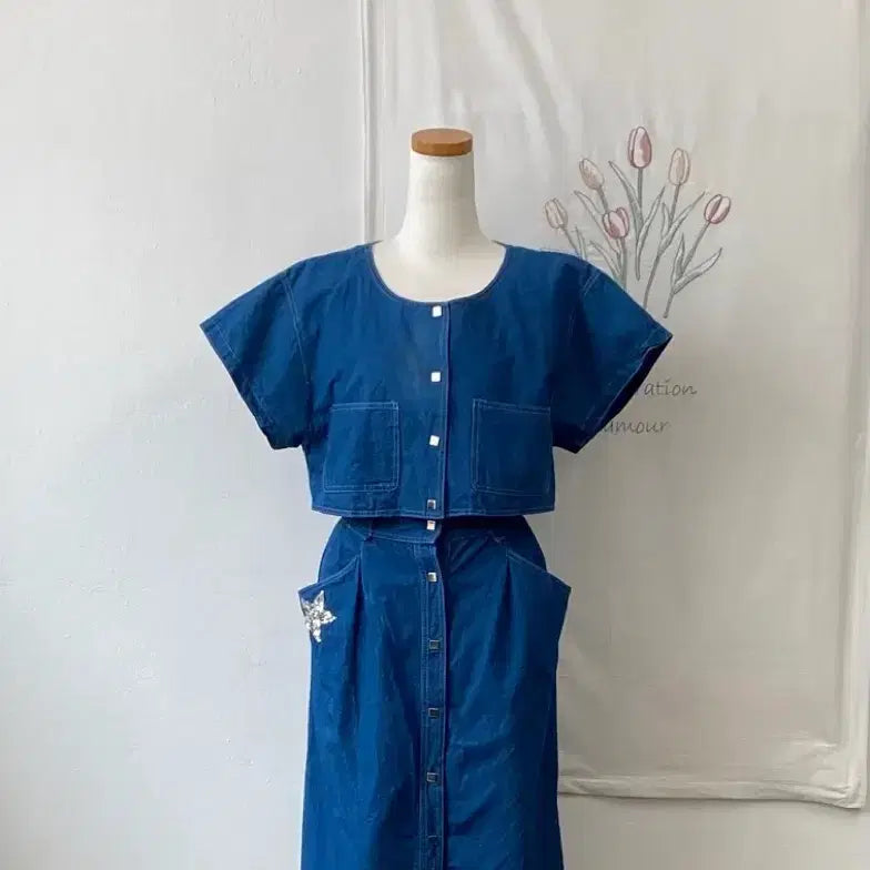 [BUNJANG] Denim Crop Top and Skirt Set / 청청 코디 세트 데님 크롭 탑 스커트원피스