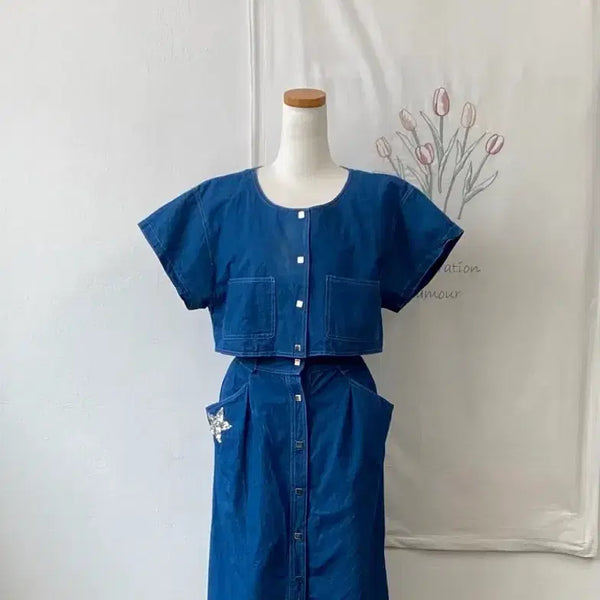 [BUNJANG] Denim Crop Top and Skirt Set / 청청 코디 세트 데님 크롭 탑 스커트원피스