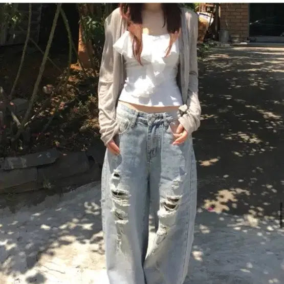 [BUNJANG] Ourcabinet Washed Wide Denim Pants / Ourcabinet 데미지 워싱 와이드 데님 팬츠