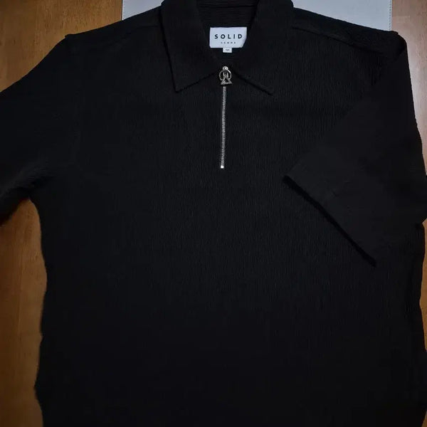[BUNJANG] Solid Homme PK Crinkle Pleats Half-Zip Collar T-Shirt Black / 솔리드옴므 PK 크링클 플리츠 하프집업 카라티 50 블랙