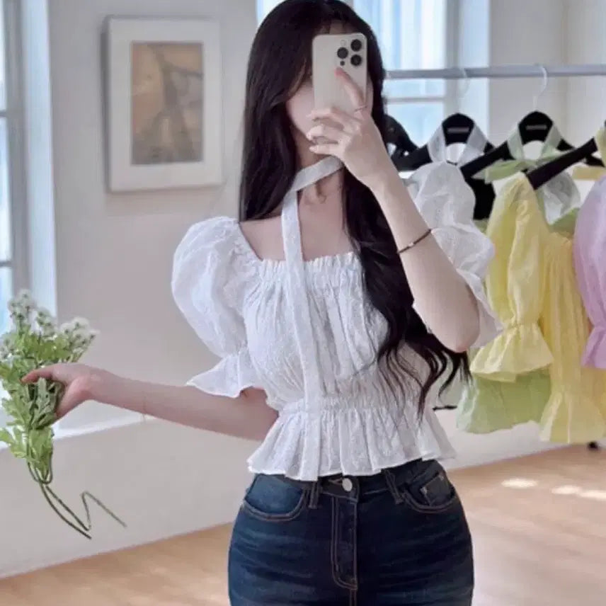 [BUNJANG] Mayyun White Puff Sleeve Ruffle Blouse / 메이윤 화이트 퍼프 소매 프릴 블라우스