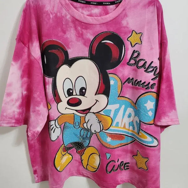 [BUNJANG] Mika Mi Us Disney Sparkle Character Tie-Dye Short Sleeve T-Shirt / 미카미우스 디즈니 반짝이캐릭터 타이다이 나염 반팔티셔츠<새상품>