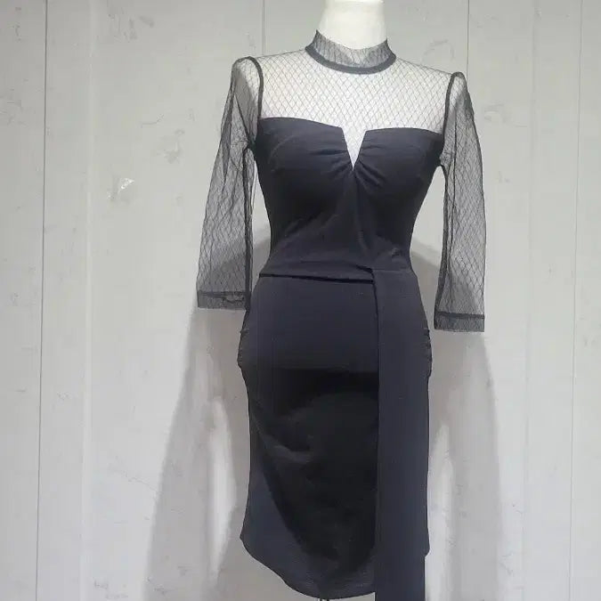 [BUNJANG] Sheer Neckline Wrap Style Midi Dress - Black / 시스루 넥라인 랩스타일 원피스 블랙