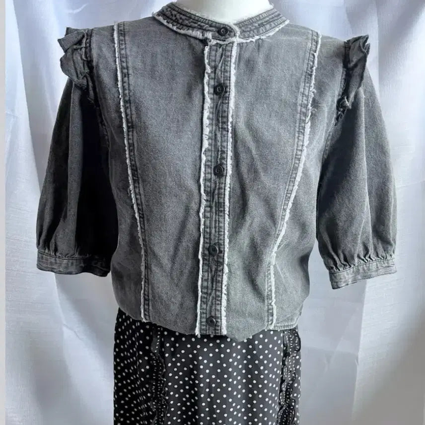 [BUNJANG] Vintage Black Denim Puff Blouse / 빈티지 블랙데님 퍼프 블라우스