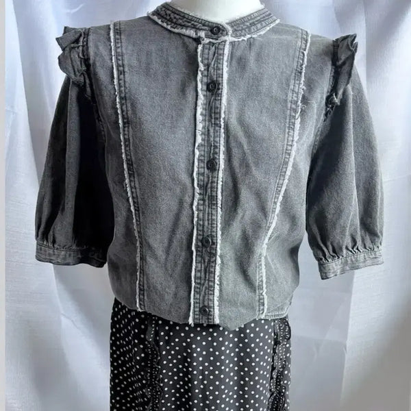 [BUNJANG] Vintage Black Denim Puff Blouse / 빈티지 블랙데님 퍼프 블라우스