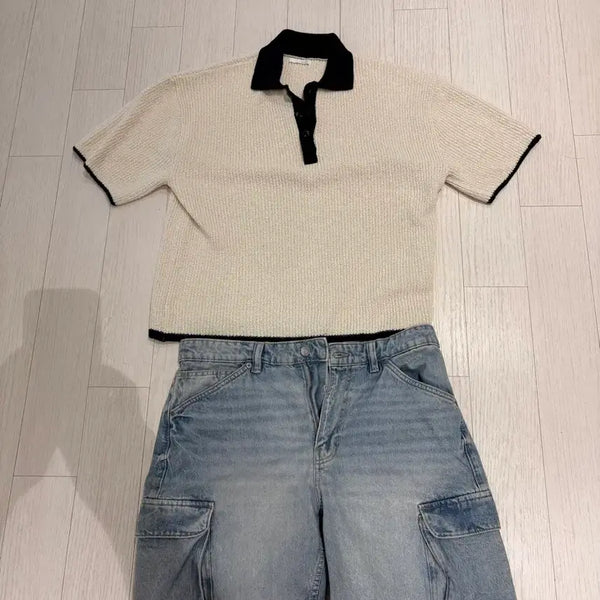[BUNJANG] Zara Knit Short Sleeve Top & Denim Cargo Shorts Set / Zara 자라 니트 / 팬츠