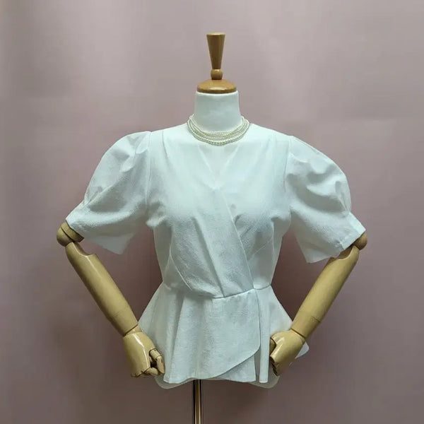 [BUNJANG] Double Cokojay Wrap Style Puff Peplum Blouse / 더블코코제이 랩스타일 퍼프 페플럼 블라우스