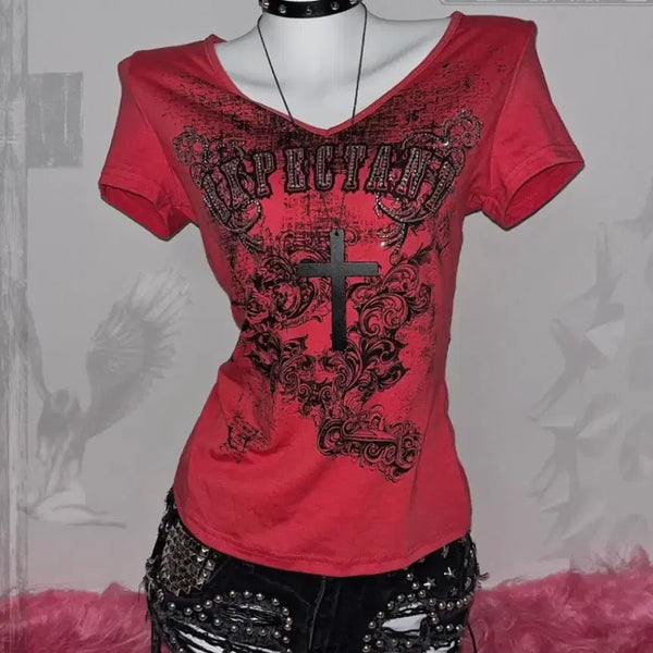 [BUNJANG] 00s Rock Graphic Cubic Slim Fit Short Sleeve T-Shirt / 00's 락 와투케 그런지 펑크 그래픽 큐빅 슬림핏 반팔티