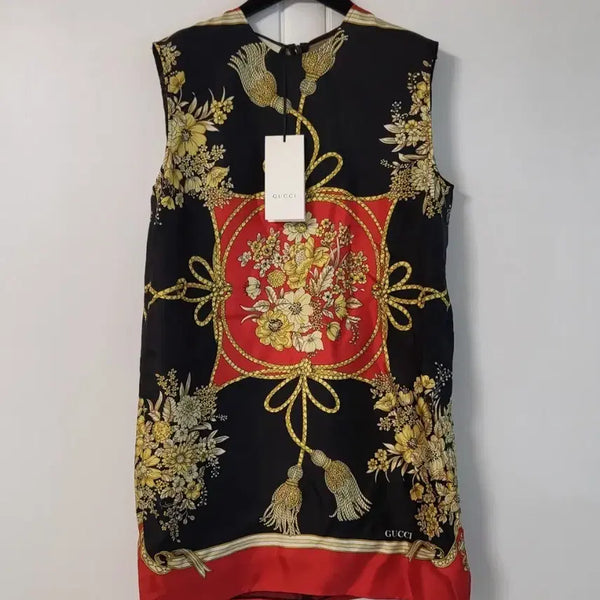 [BUNJANG] Gucci 100% Silk Floral Pattern Sleeveless Mini Dress Women's / 구찌 100%실크 여성 태슬 플라워 패턴 실크 민소매 미니 원피스 여자