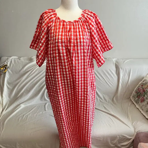 [BUNJANG] Red Check Puff Sleeve Long Dress / 지짐이 레드 체크 롱 원피스