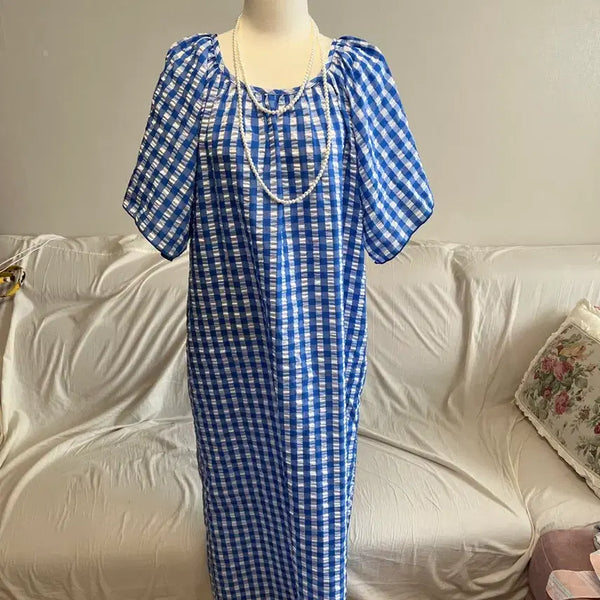 [BUNJANG] Blue Check Shirring Long Dress / 블루 체크 셔링 원피스