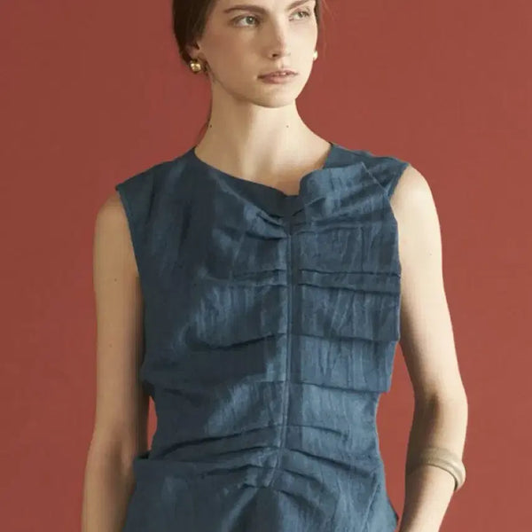 [BUNJANG] Maison de Ines Shirring Sleeveless Blouse - Blue / [미착용새상품] 메종드이네스 셔링 슬리브리스 블라우스 블루