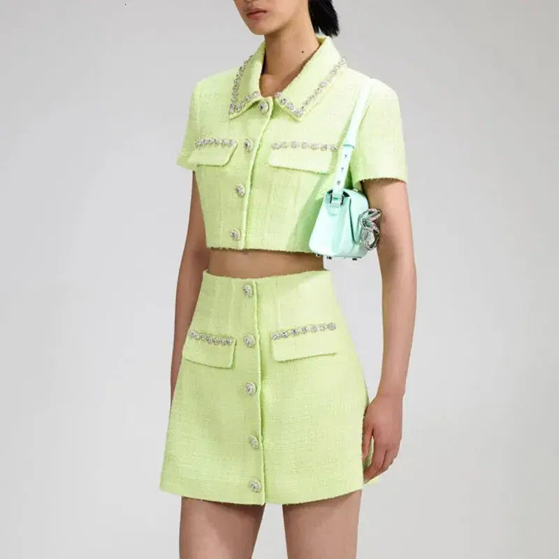 [BUNJANG] Self-Portrait Crystal Embellished Cropped Jacket & Mini Skirt Set (Lime Green) / 셀프 포트레이트 XS 44 크롭탑 재킷 치마 스커트 세트 W-자켓-323