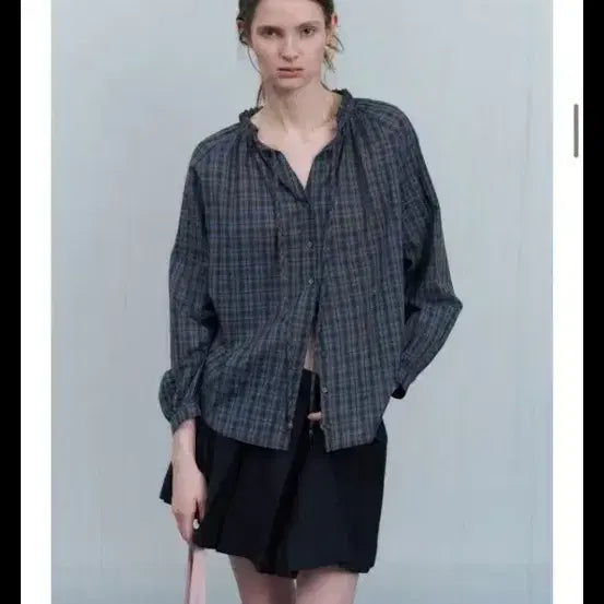 [BUNJANG] Poeto 5th Check Frame Blouse Charcoal / 새상품))포에토 [5th] 체크 프레임 블라우스 차콜