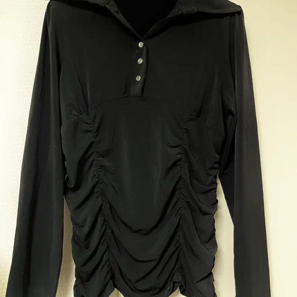 [BUNJANG] Gathered Long Sleeve Black T-Shirt with Sequined Butterfly / 셔링 긴팔 블랙티