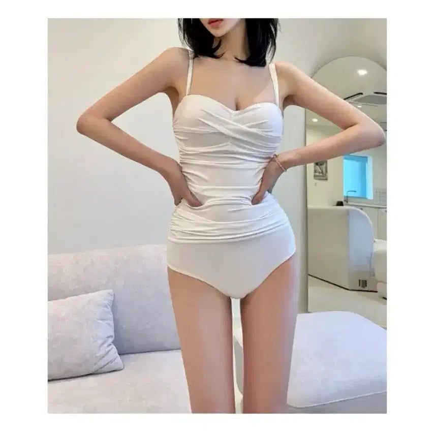 [BUNJANG] White Shirring Monokini One-Piece Swimsuit / XL 화이트 셔링 모노키니 원피스 수영복