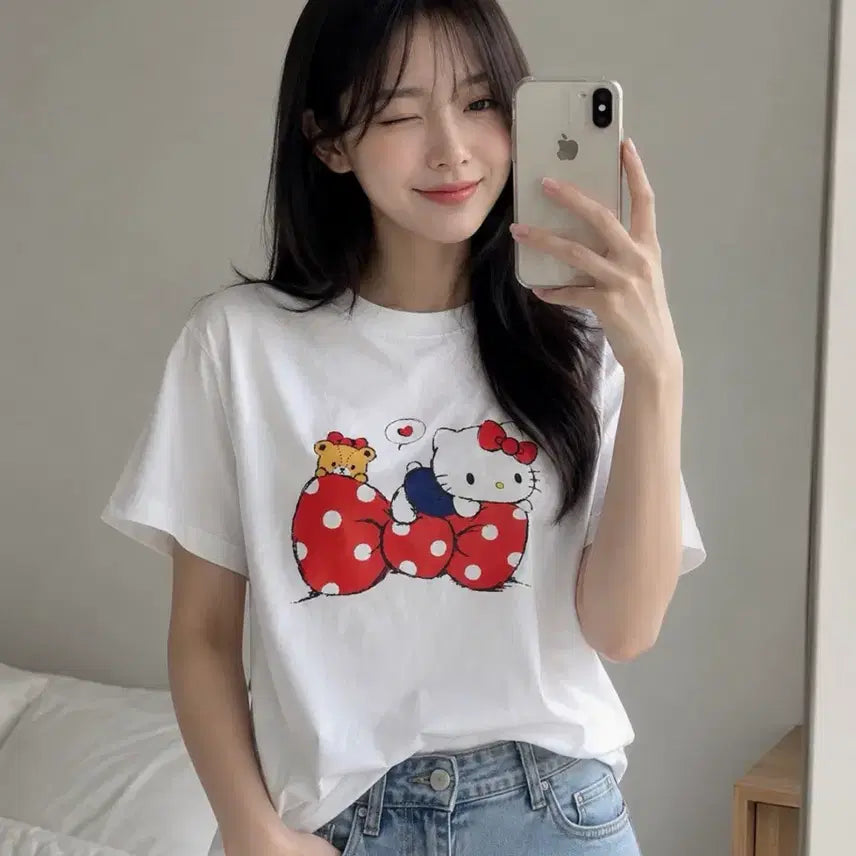 [BUNJANG] Ribbon Kitty Short Sleeve T-Shirt / 리본키티반팔티
