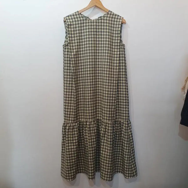 [BUNJANG] Ribbon Pintuck Check Long Dress / 리본 핀턱 체크 하구미 롱 원피스