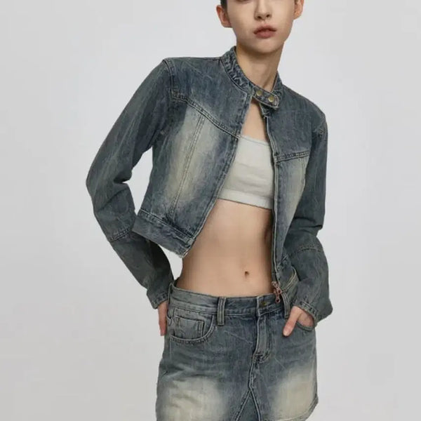 [BUNJANG] Black Up Denim Jacket & Mini Skirt Set / 블랙업 데님 자켓&미니스커트 세트