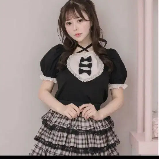 [BUNJANG] Fium Ribbons Heart Puff T-shirt Blouse / 피움 리본하트퍼프티셔츠블라우스/메이드허니뮤스커트셋업시허니원피스리즈리사마즈