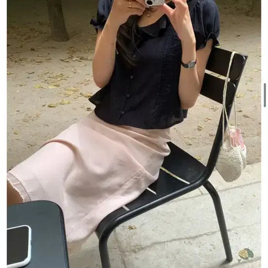 [BUNJANG] Ondemin Navy Blouse + Pink Skirt Set / 온드민 네이비 블라우스+핑크스커트 세트로 팔아욥 새상품,바배가능