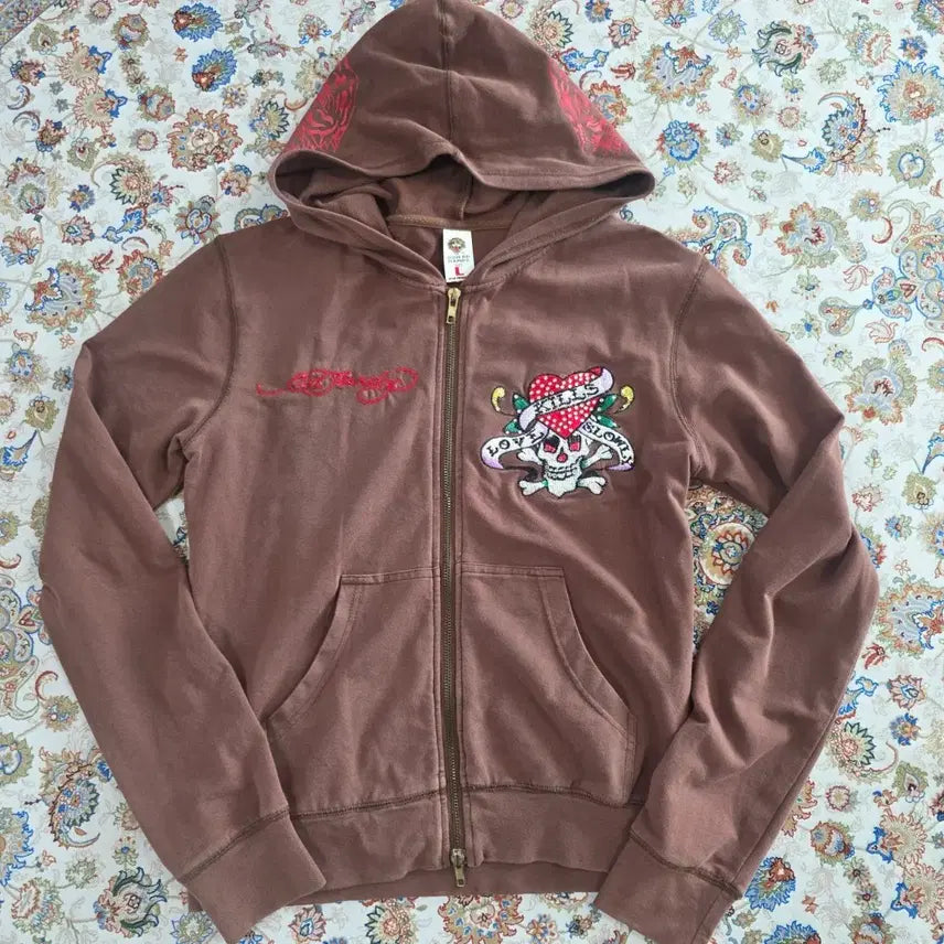 [BUNJANG] Ed Hardy Two-Way Zip-Up Hoodie / 에드하디 후드집업 y2k 초코 스컬 투웨이집업 자수 L
