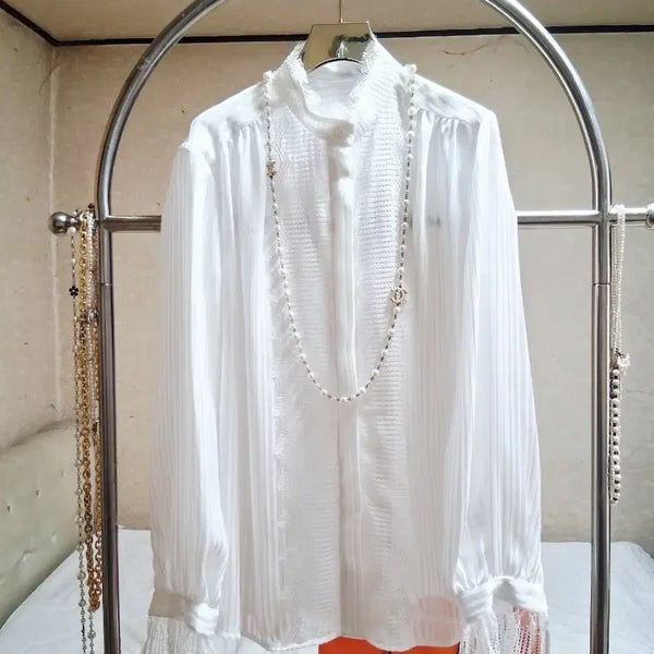 [BUNJANG] Luxury White Blouse with Lace and Pintuck Details / 럭셔리고급 브라우스