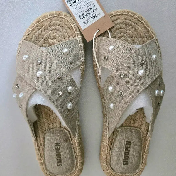 [BUNJANG] Shu-Phen Women's Beaded Sandals/Slippers (Beige, 240) / 새제품 슈펜 240 비즈 장식 여성 샌들 슬리퍼 베이지