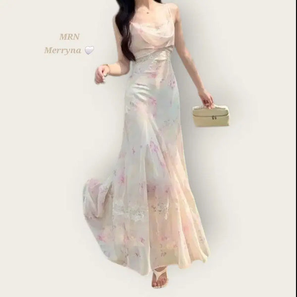 [BUNJANG] Merryna Floral Lace Shirring Mermaid Long Dress / 플로럴 레이스 셔링 머메이드 시폰 나시 롱 원피스