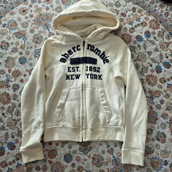[BUNJANG] Abercrombie Embroidered Hoodie Zip-Up Ivory Kids XL / 아베크롬비 자수 후드집업 아이보리 키즈XL 55